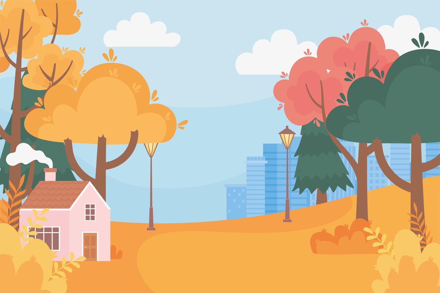 landscape in autumn nature scene, cottage lamp post trees and cityscape background vector