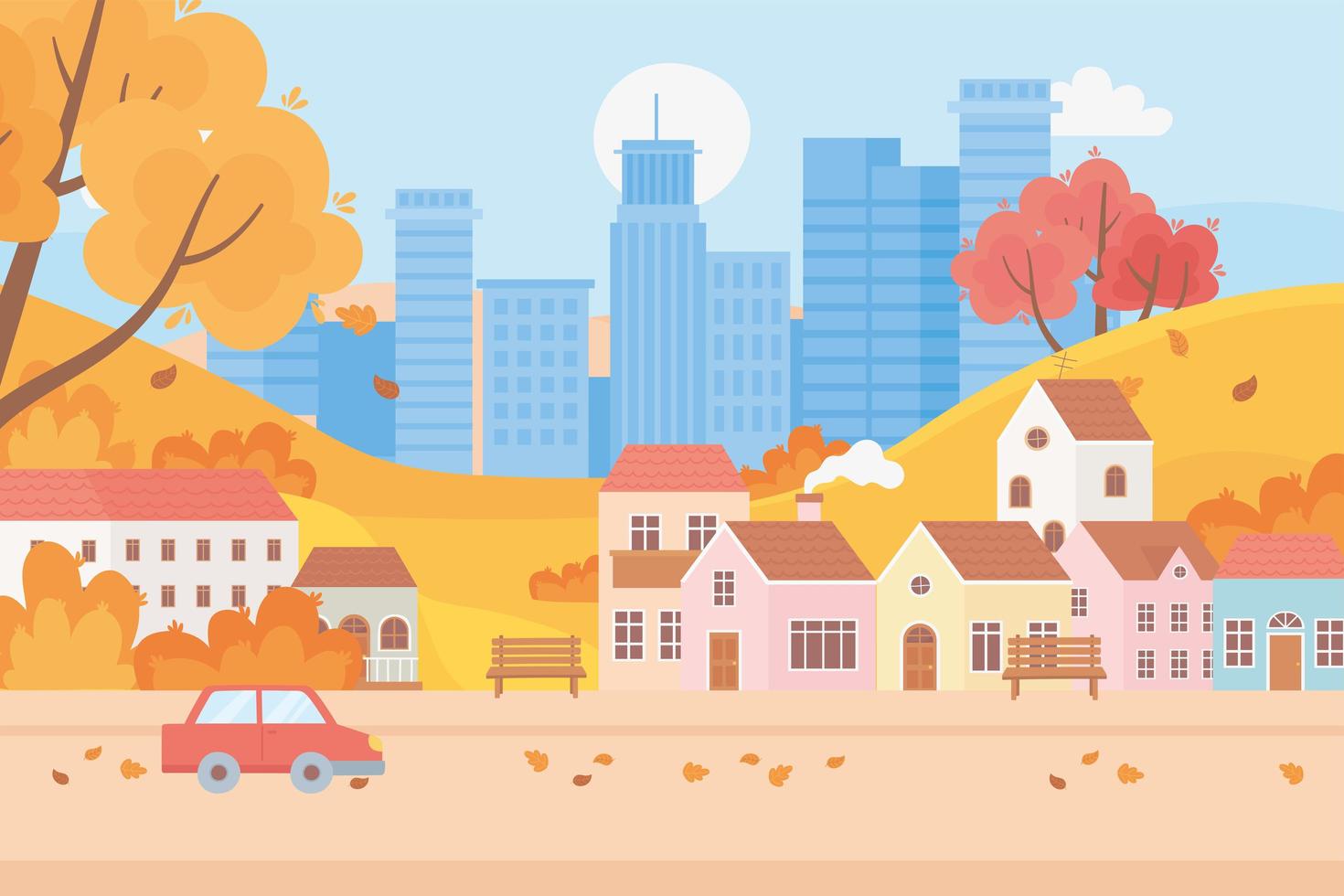 landscape in autumn nature scene, cityscape urban and suburban houses car trees leaves street vector