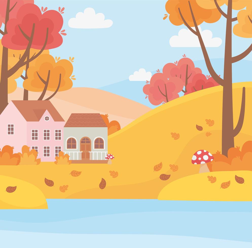 landscape in autumn nature scene, houses countryside lake trees leaves cartoon vector