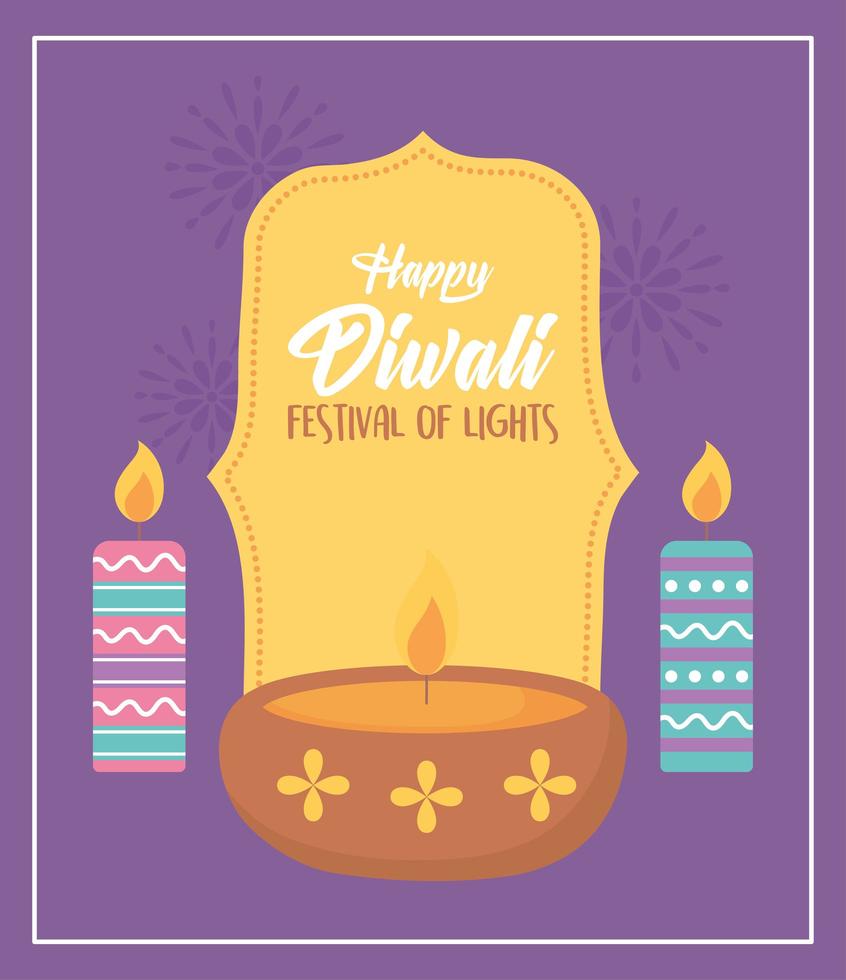 happy diwali festival, diya lamp and burning candles celebration, vector design
