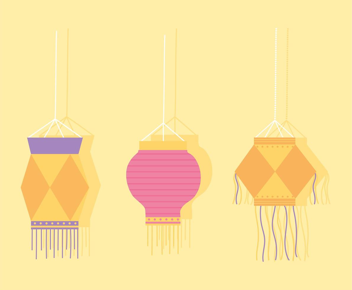 happy diwali festival, decorative hanging lamps vector design