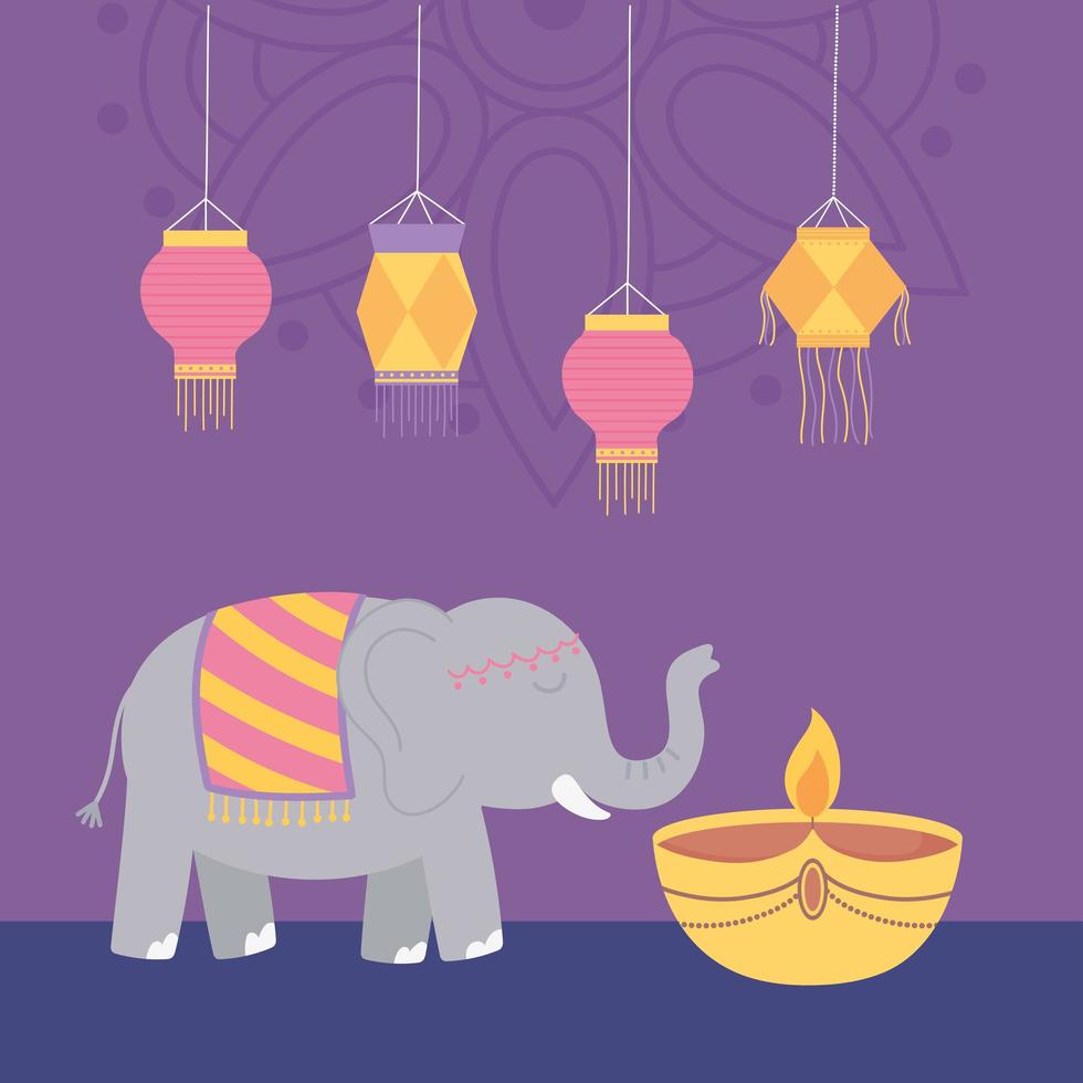 happy diwali festival, elephant diya lamp candle and lanterns decoration, vector design