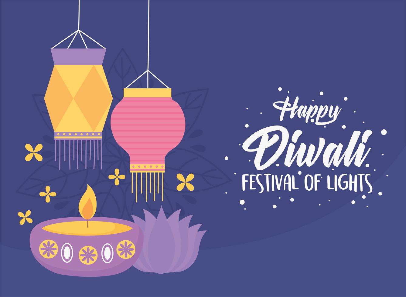 happy diwali festival, candle in diya lamp lanterns lotus flower purple background vector design