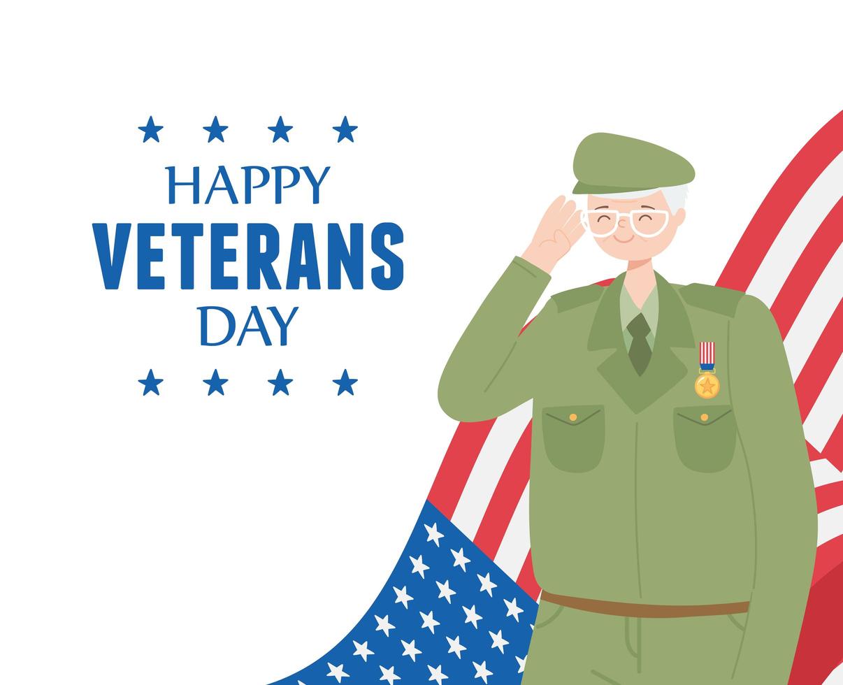 Feliz día de los veteranos, personaje de dibujos animados de soldado de las fuerzas armadas militares de EE. vector