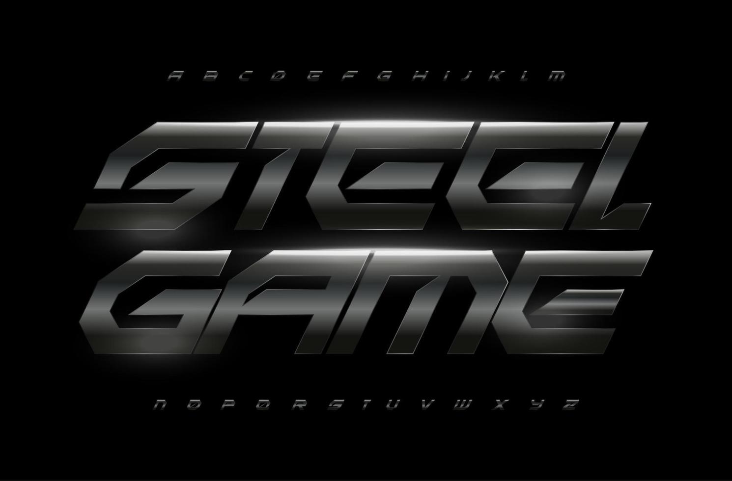Dark gray steel alphabet, bold italic font, geometric letters with matte metal texture for futuristic logo, game headline, sport lettering and dynamic typography. Vector typographic design