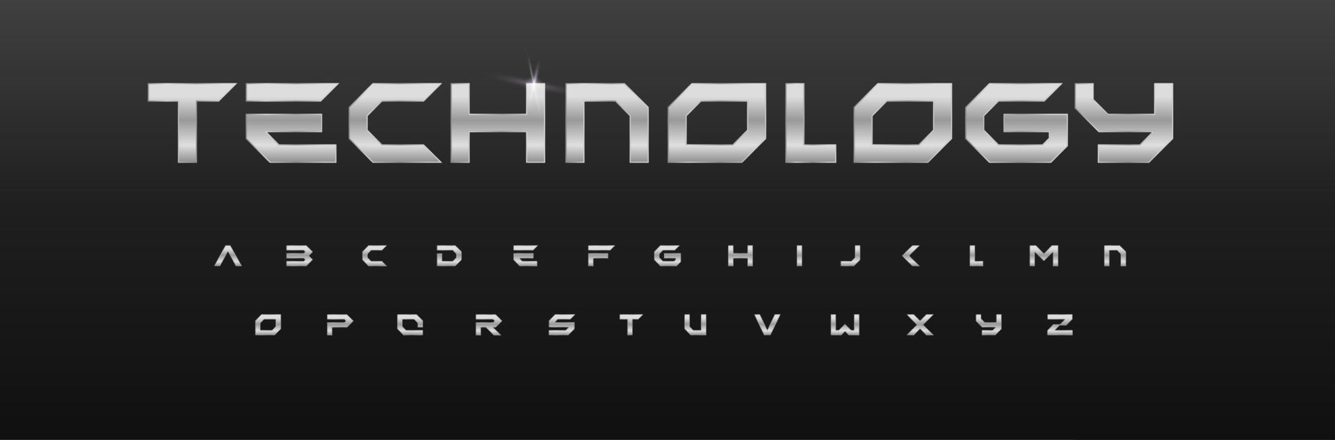 Metal geometric alphabet, iron font design, chrome effect letters. Steel typeset for headline and futuristic logo. Minimal silver design of sport, gym, car, automotive, technology, space and sci-fi vector