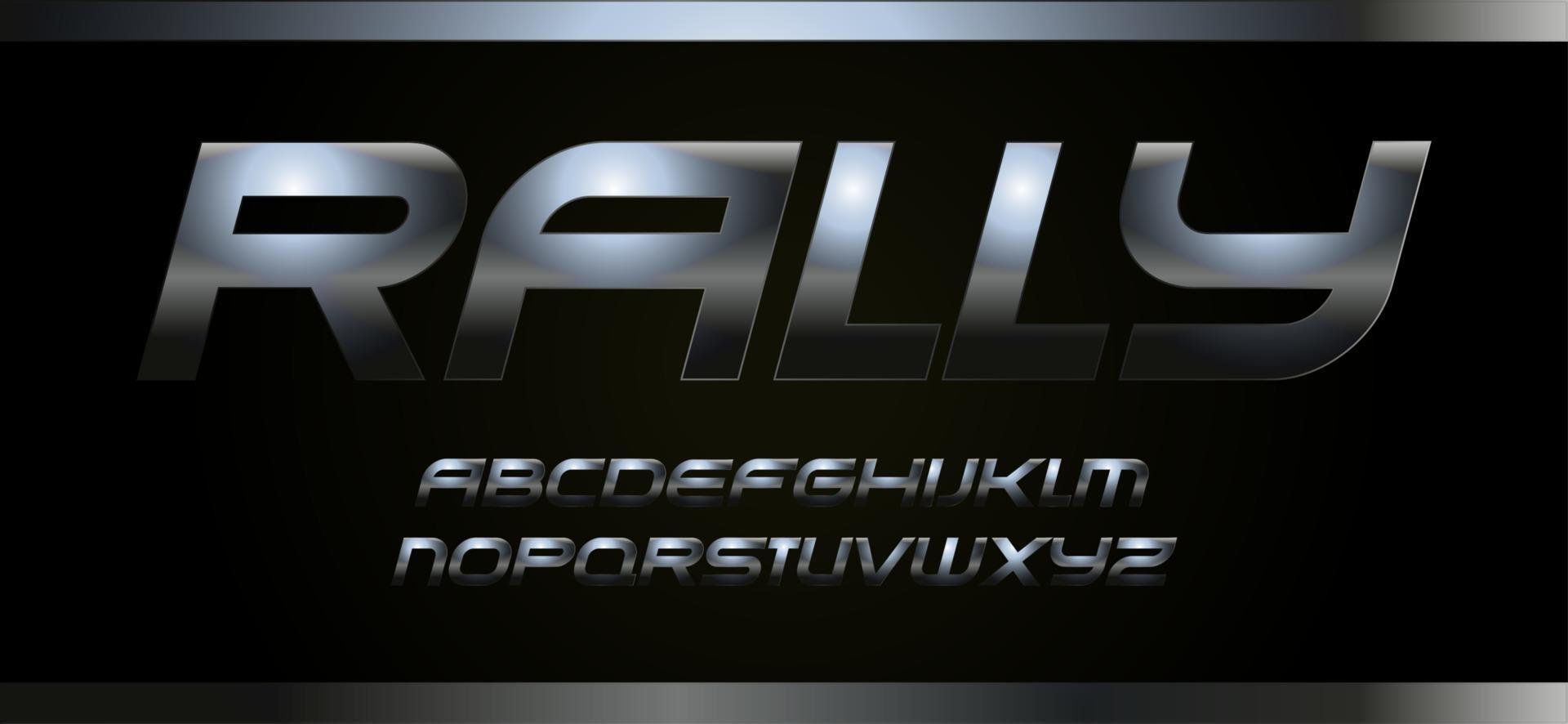 Modern sport font with metallic texture, vector typography. Alphabet for rally speed racing. Dark steel letters on black background.