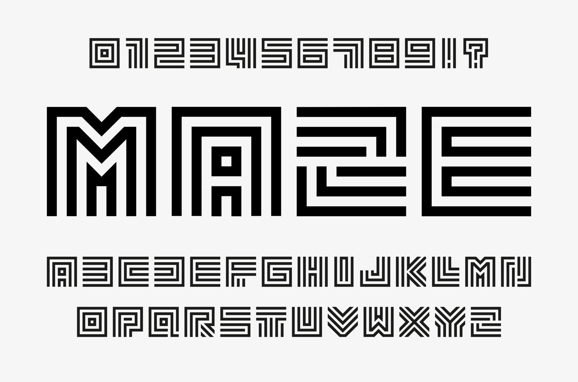 Linear labyrinth letters and numbers set. Line maze style alphabet