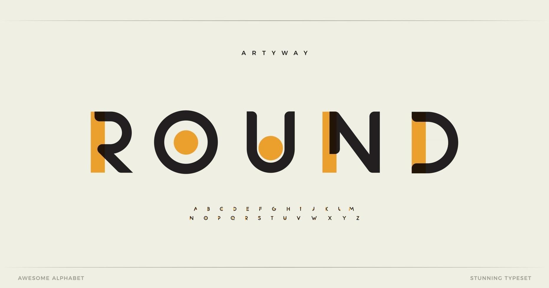 Round modern alphabet. Dropped stunning font, type for futuristic logo, headline, creative lettering and maxi typography. Minimal style letters with yellow spot. Vector typographic design