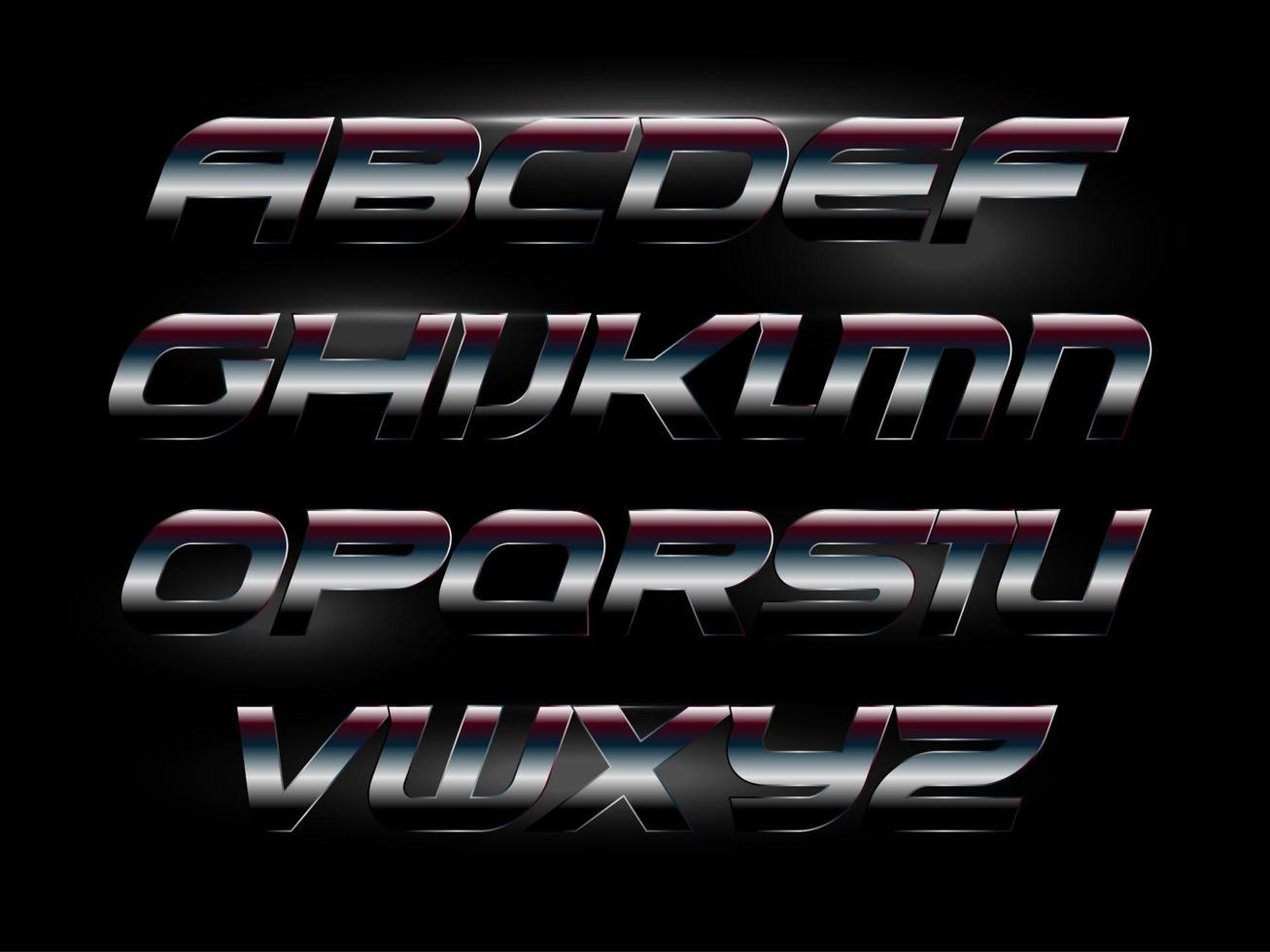 Modern italic bold font with metallic texture, carbon or chrome metal, polished matte steel. Alphabet for race, sport, auto, futuristic design. Vector typography.