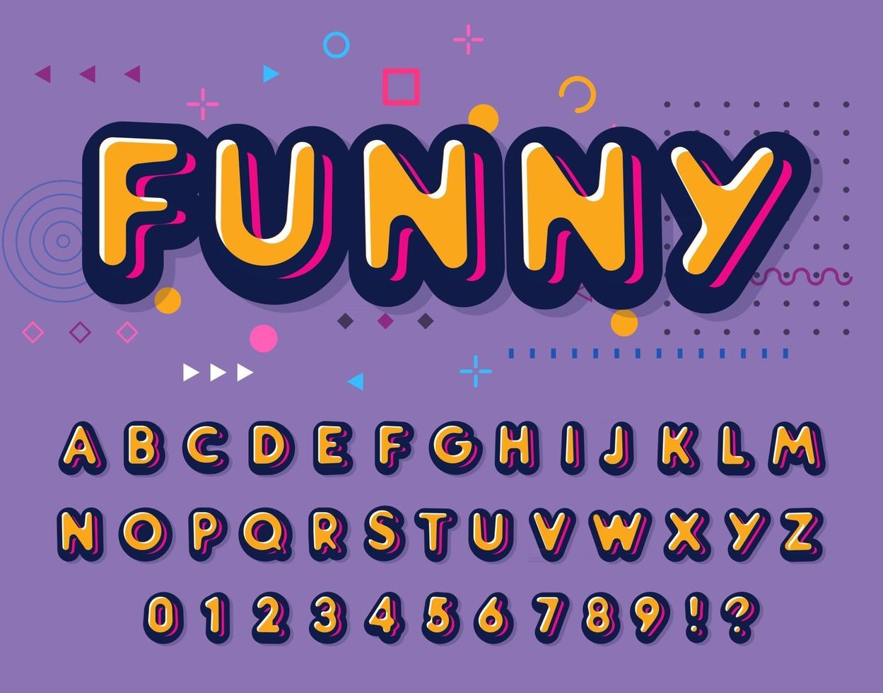 Color font. Funny letters and numbers set. Playful style alphabet. Retro ABC for party, disco, school and fun vector