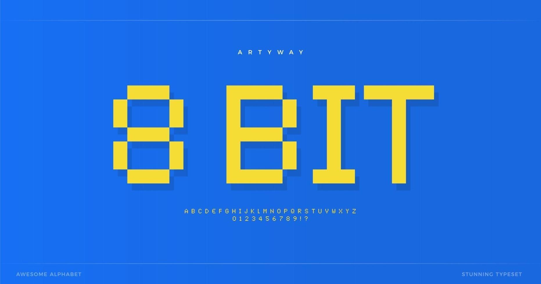 Pixel alphabet. Retro 8-bit font, type for retro video game score, digital logo, pixelated lettering and maxi typography. 80s style letters, vector typographic design
