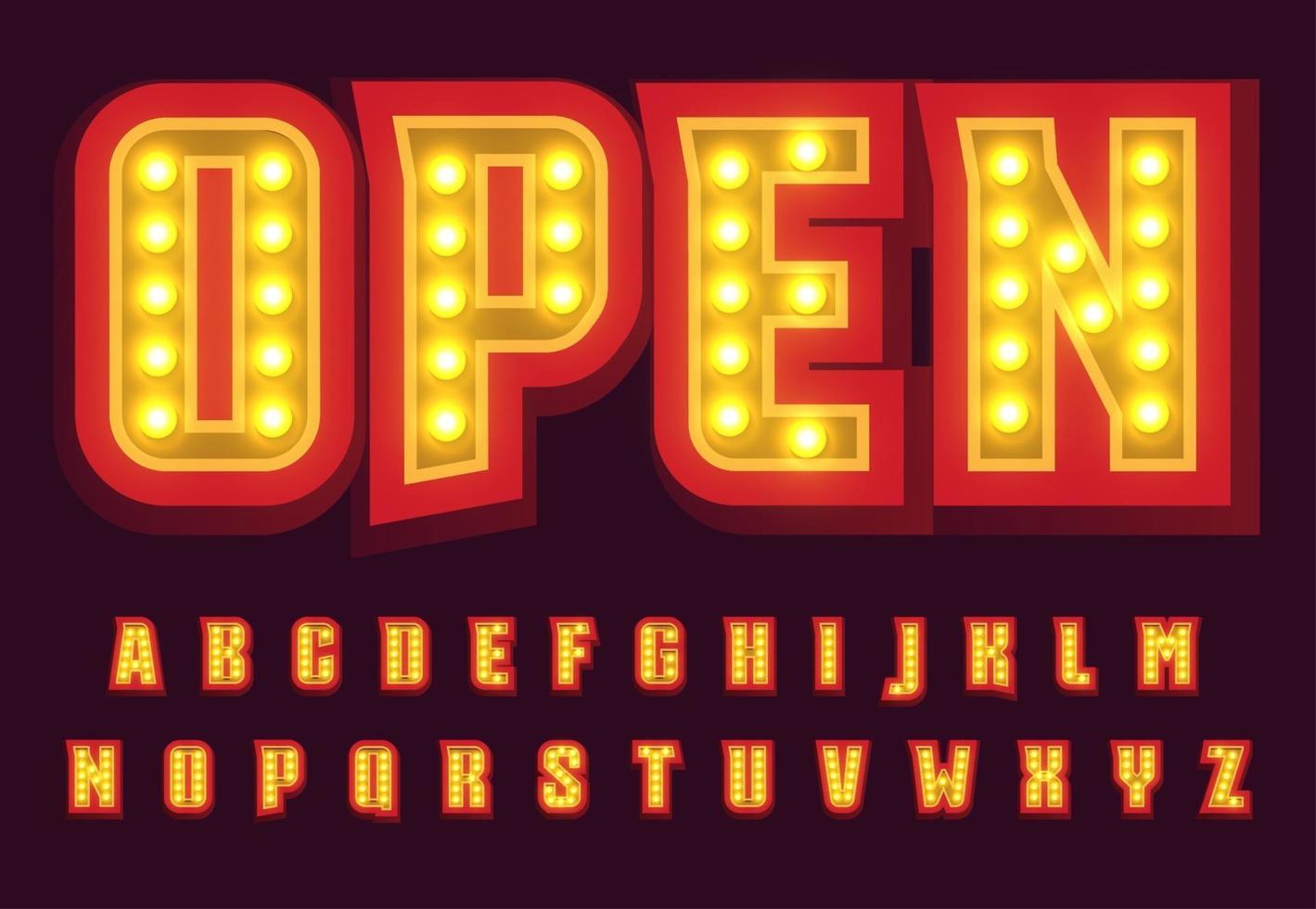 letras rojas con bombilla brillante. alfabeto iluminado estilo broadway. fuente para casino, circo, cine, club de juego, letrero abierto, restaurante y banner de fiesta. diseño de tipografía vectorial vector