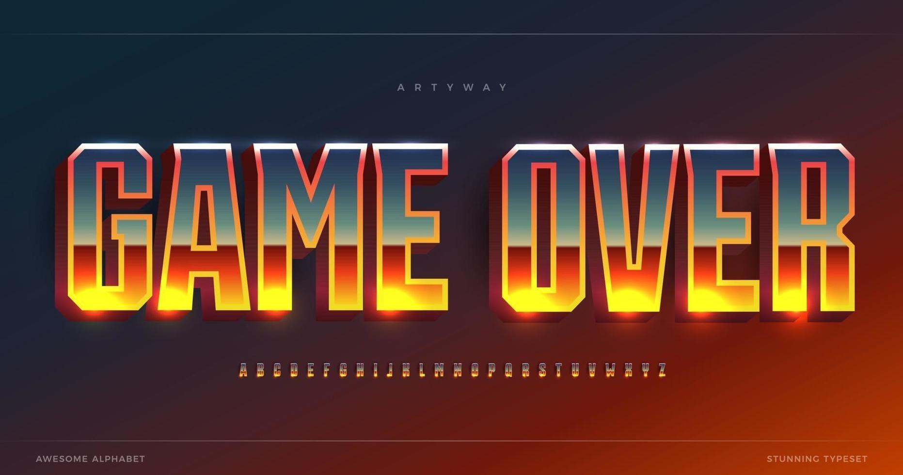 Game Over glowing gradient alphabet. Condensed stunning font, minimalist monumental type for bet game logo, gambling shining text. Minimal style tall sans letters, vector typographic design