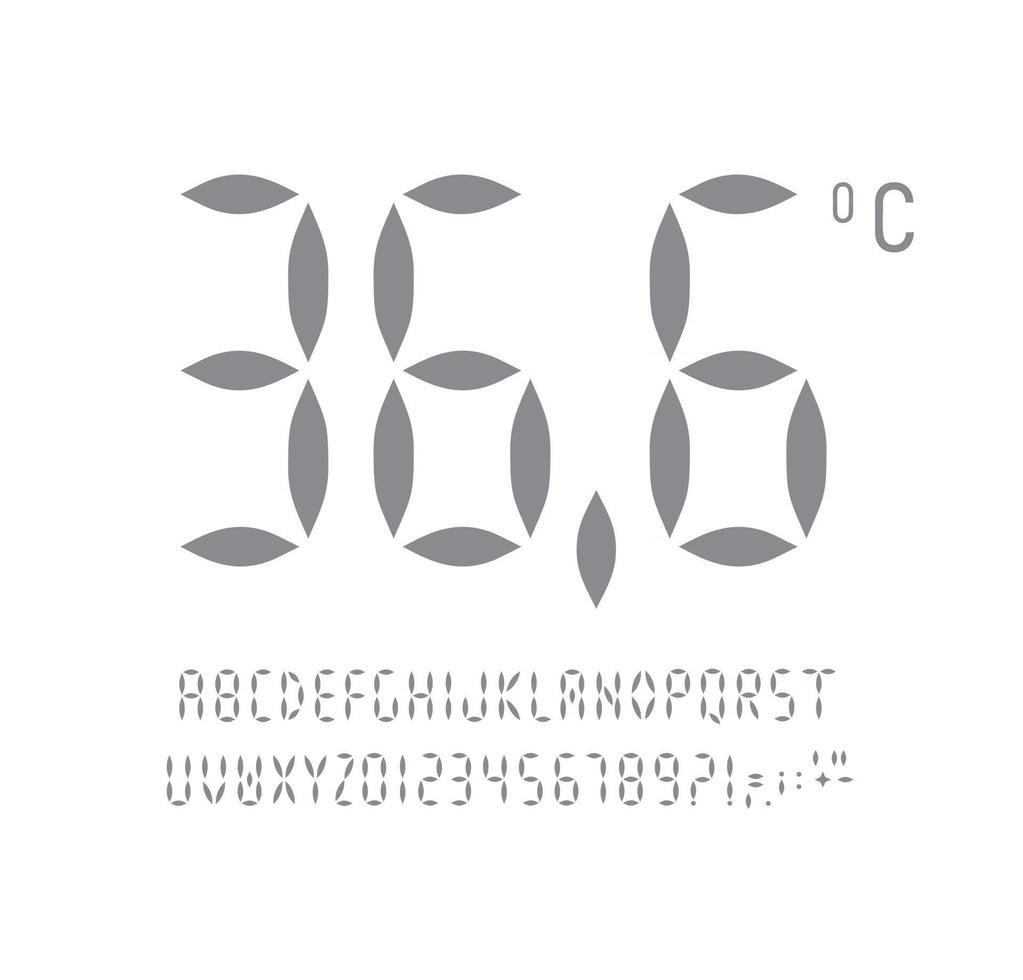 letras, números y signos establecidos para el marcador digital. rayas de guiones, estilo de segmentos del alfabeto. fuente para pantalla led, marcador, pantalla de dispositivo electrónico, tablero de dígitos. diseño de tipografía vectorial. vector