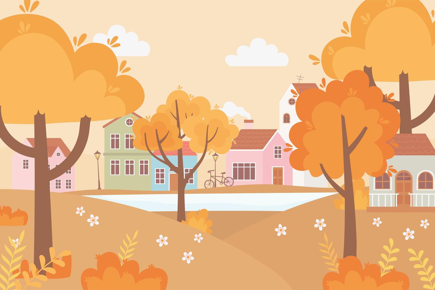 landscape in autumn nature scene, village street bicycle houses trees grass and flowers vector