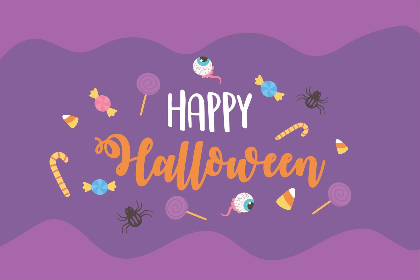 happy halloween, treat or trick candies sticks creepy eyes spiders card vector