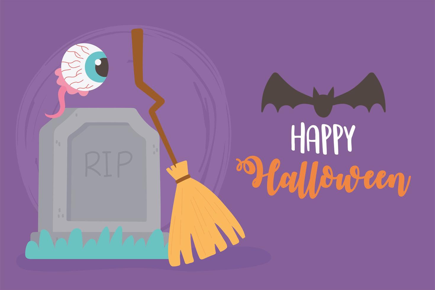 happy halloween tombstone broom bat and spooky eye vector