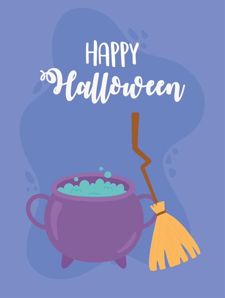 happy halloween cauldron spell and broom card vector