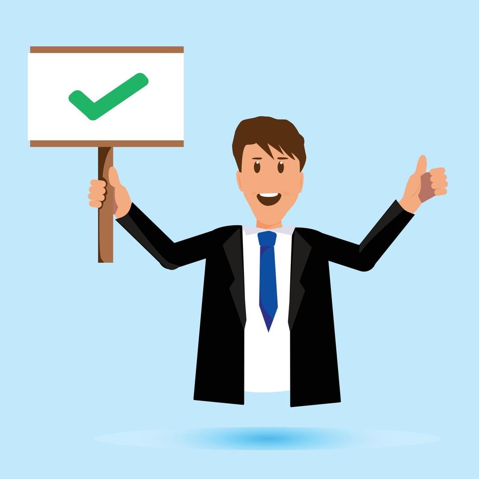 Businessman smiling holding sign with check mark illustration flat vector