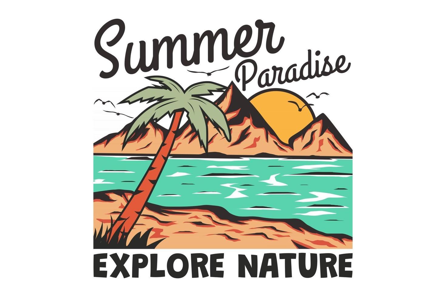 camiseta verano paraíso explorar naturaleza playa dibujado a mano retro estilo vintage vector