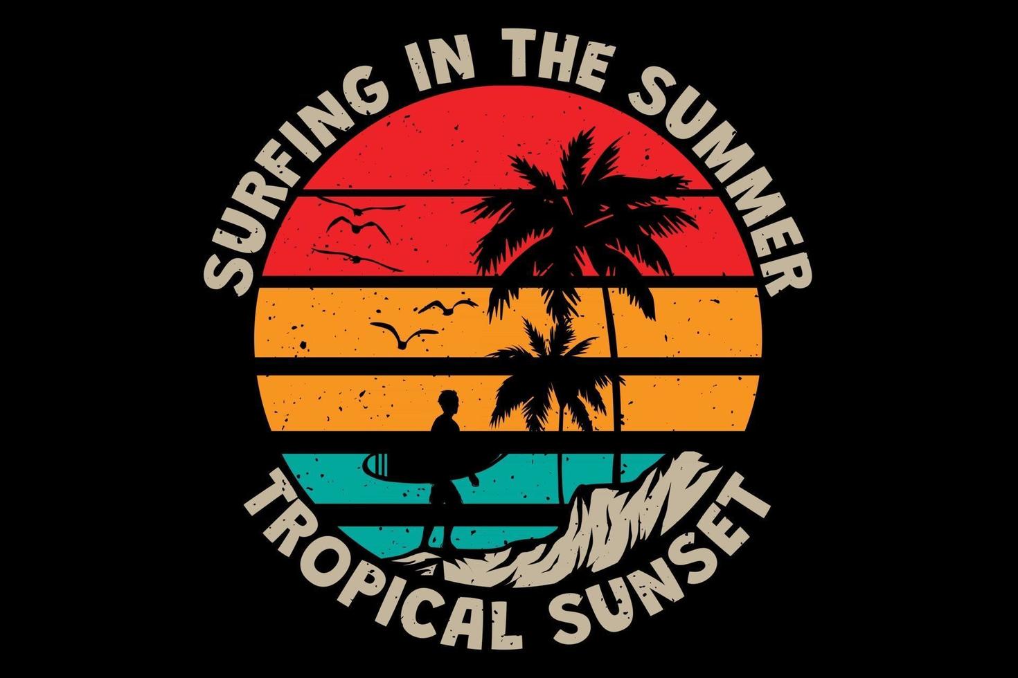 camiseta de surf en la puesta de sol tropical de verano estilo retro vintage vector