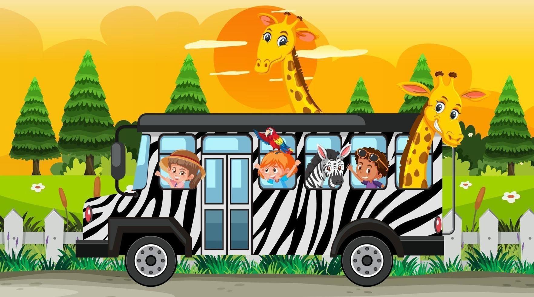 Safari al atardecer con niños y animales en el autobús. vector