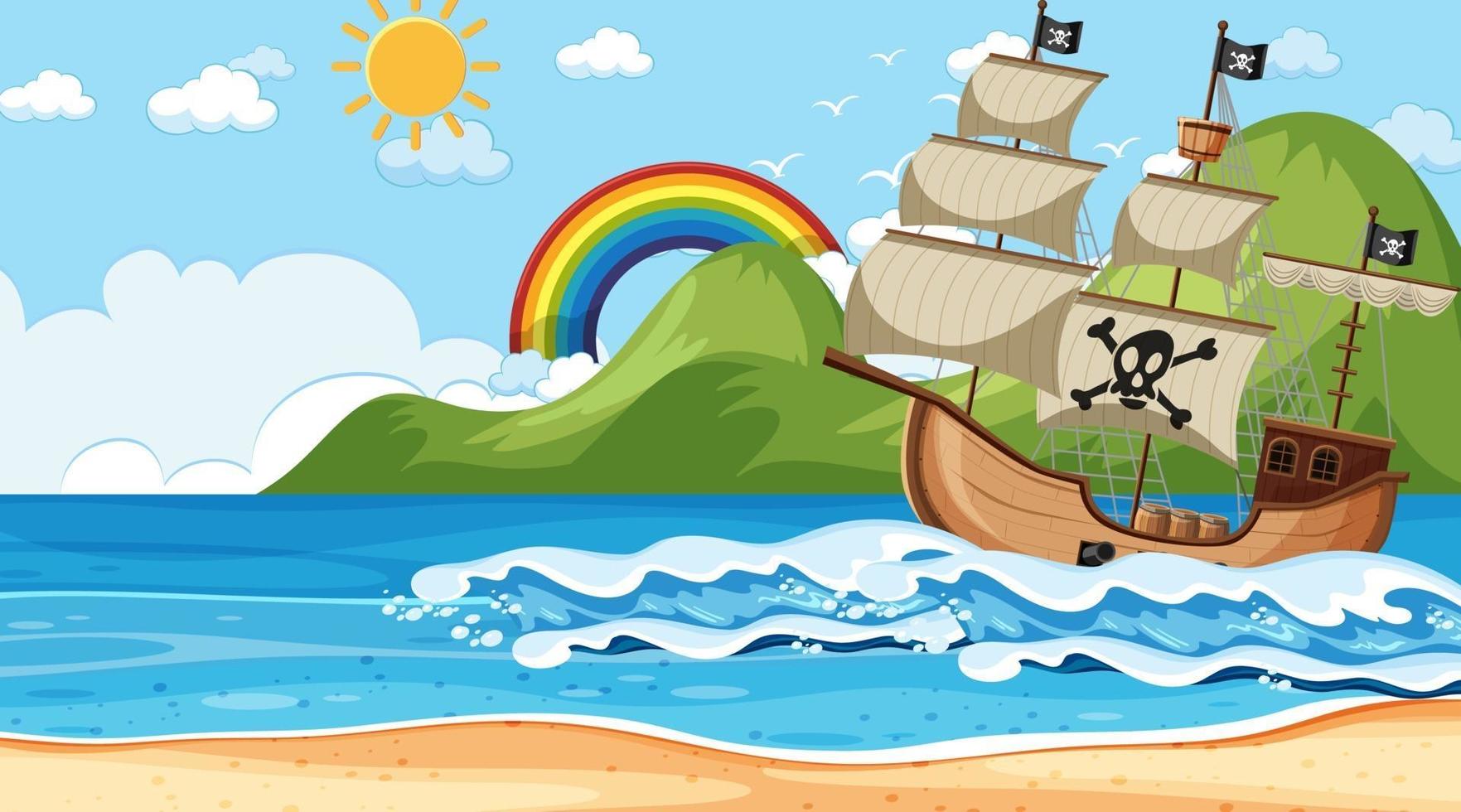 Ocean with Pirate ship at day time scene in cartoon style vector