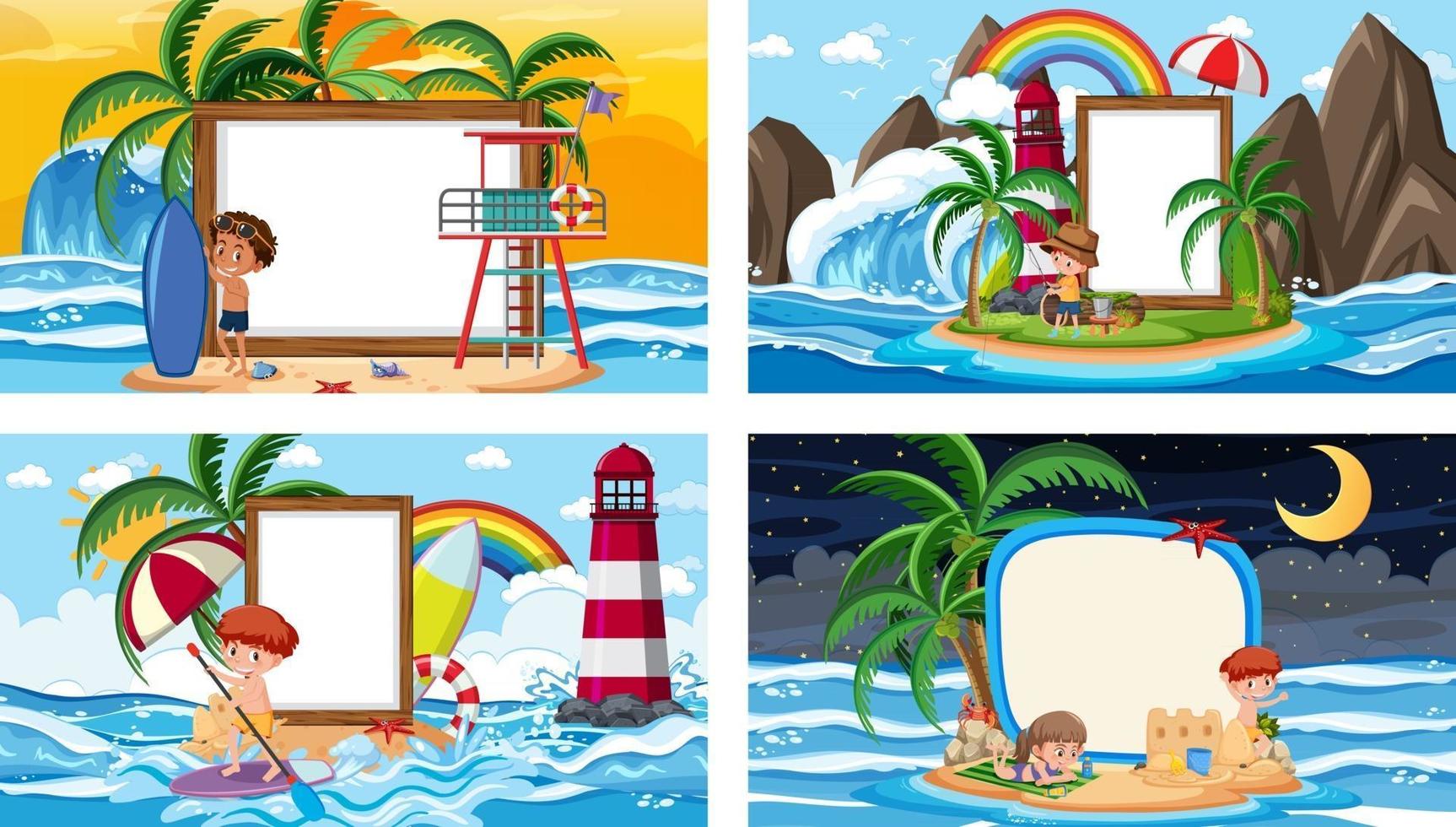 conjunto de diferentes escenas de playa tropical con banner en blanco vector