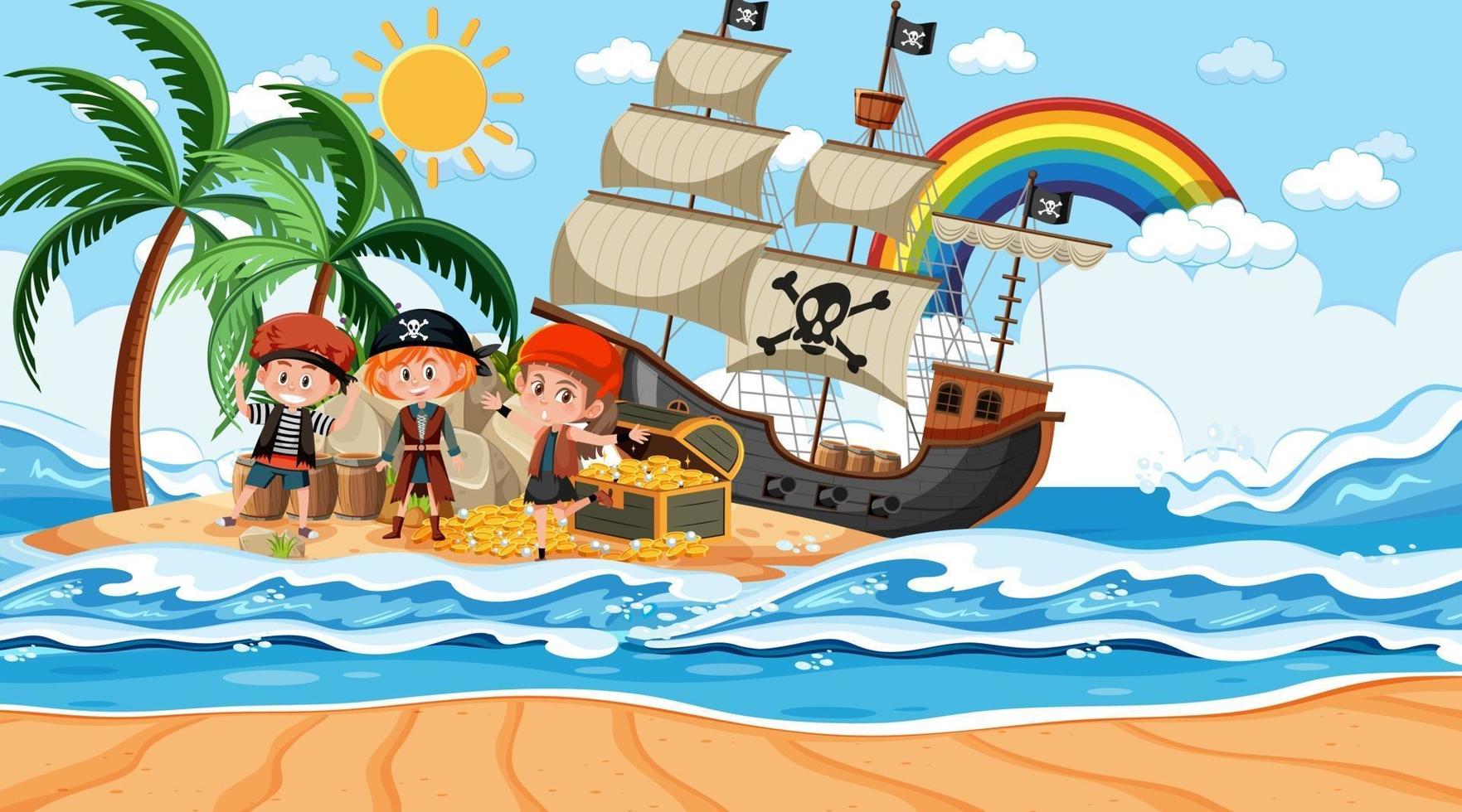 escena de la isla del tesoro durante el día con niños piratas vector