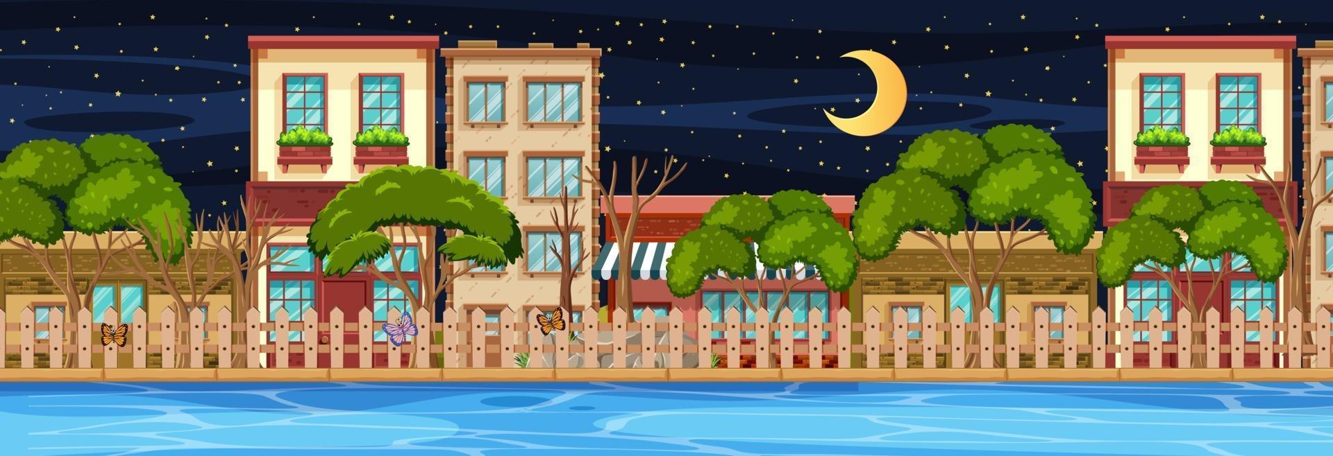 Many buildings along the river horizontal scene at night vector