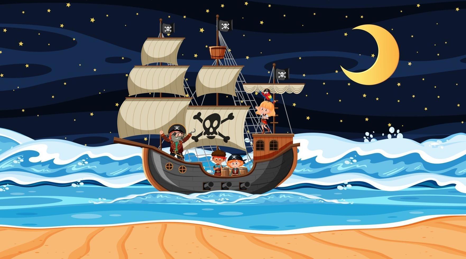 océano con barco pirata en la escena nocturna en estilo de dibujos animados vector