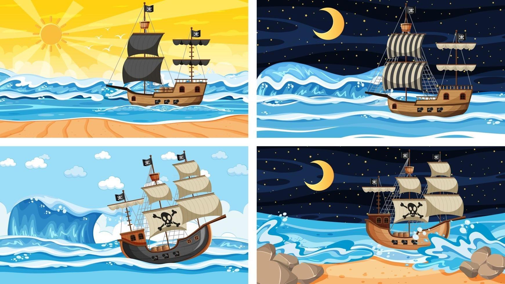 Set of Ocean with Pirate ship at different times scenes  in cartoon style vector