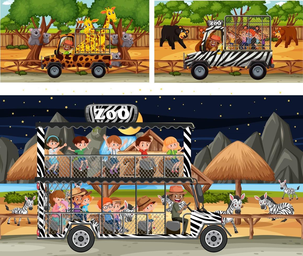 Different safari scenes with animals and kids cartoon character vector