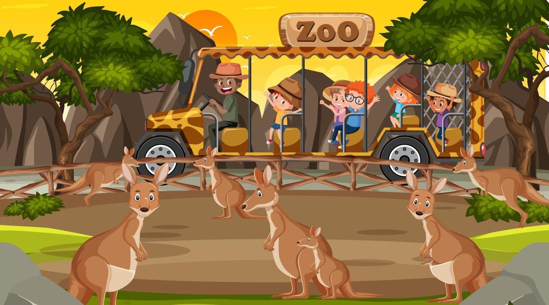 Safari en escena diurna con niños viendo canguro. vector