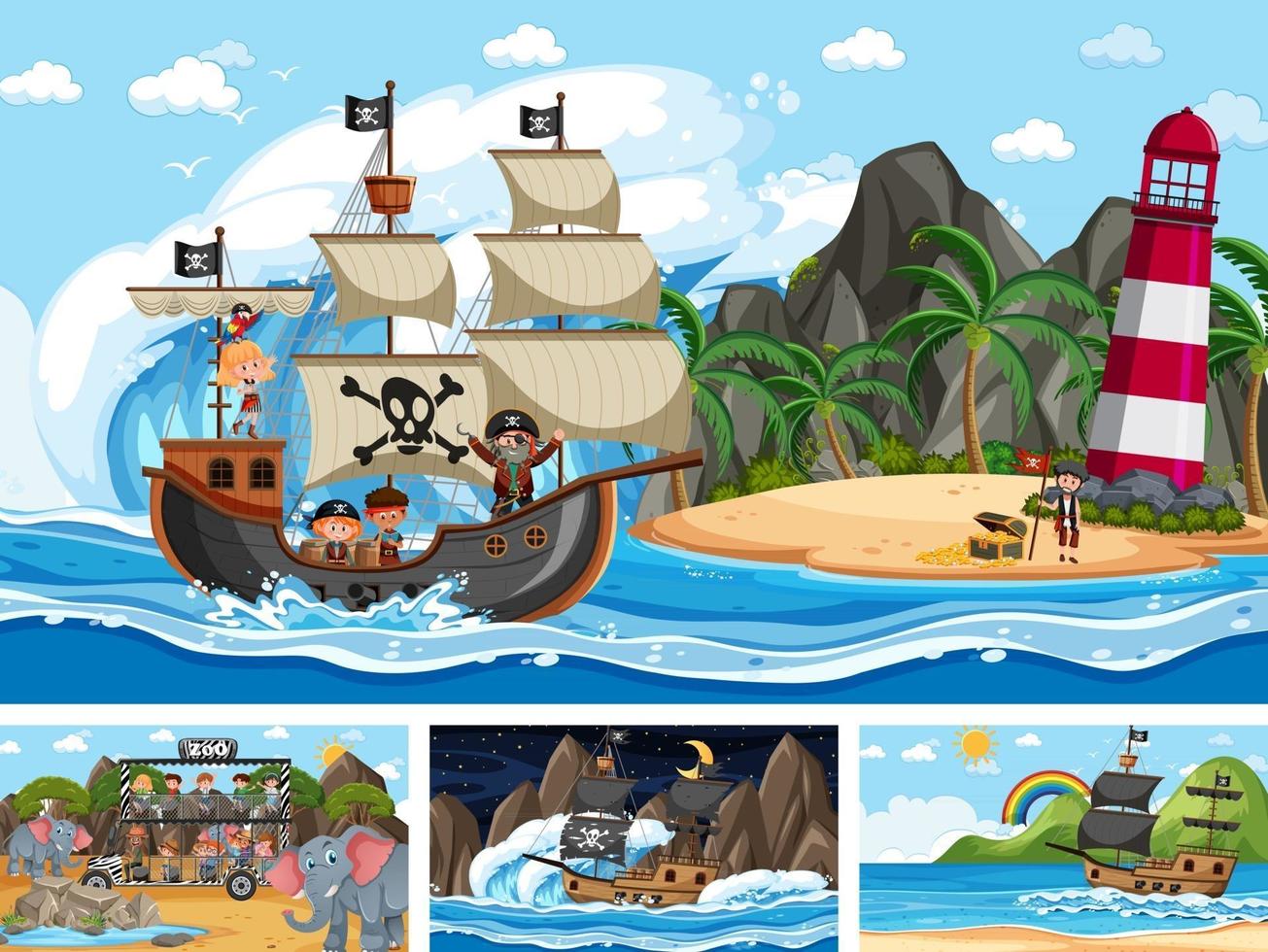 Conjunto de diferentes escenas con barco pirata en el mar y animales en el zoológico. vector