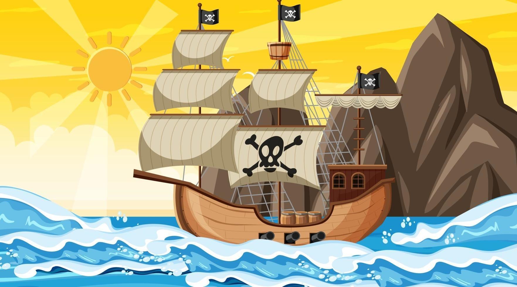 Océano con barco pirata en la escena del atardecer en estilo de dibujos animados vector