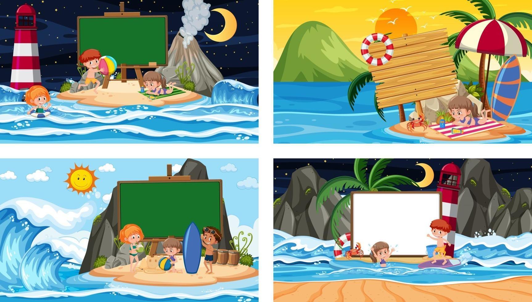 Set of different tropical beach scenes with blank banner vector