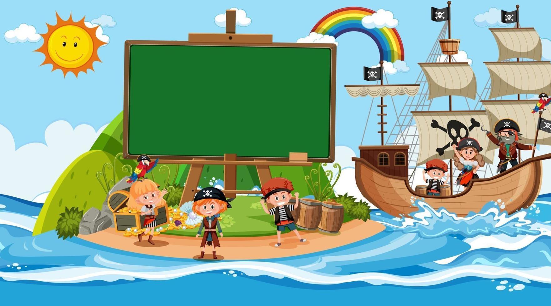 Plantilla de banner vacío con niños piratas en la escena diurna de la playa vector