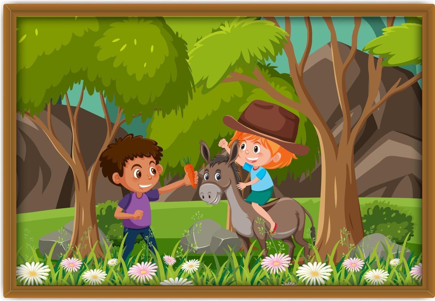 Niños felices jugando con foto de burro en un marco vector