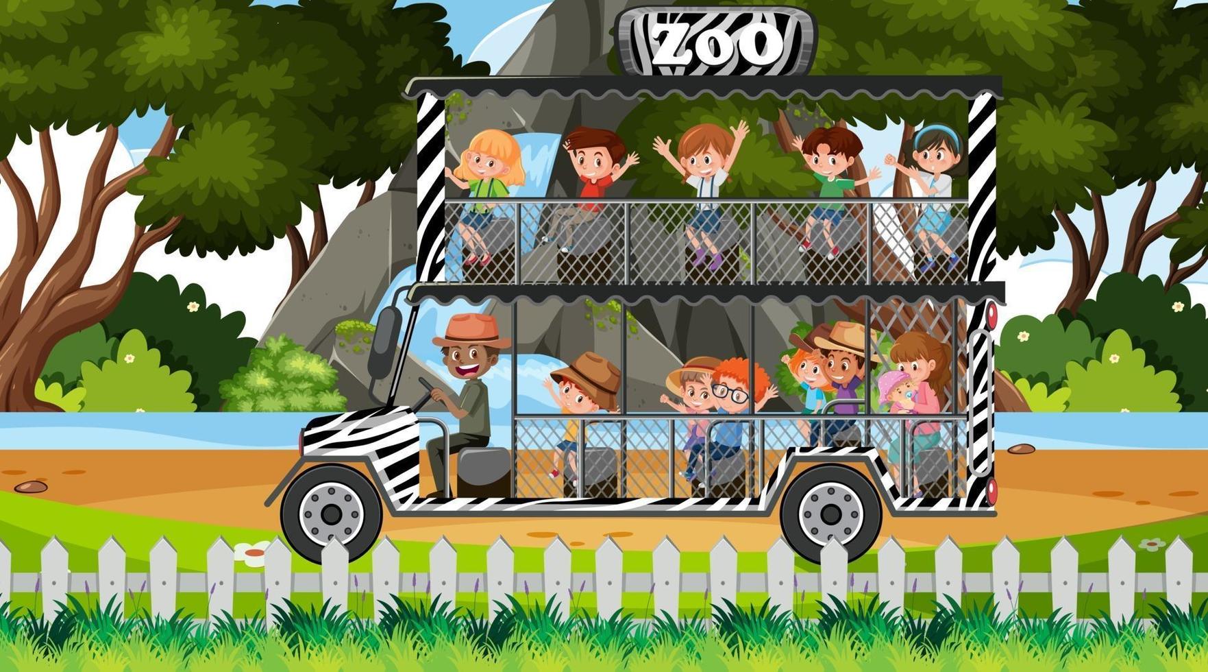 Safari at daytime scene with children on tourist car vector