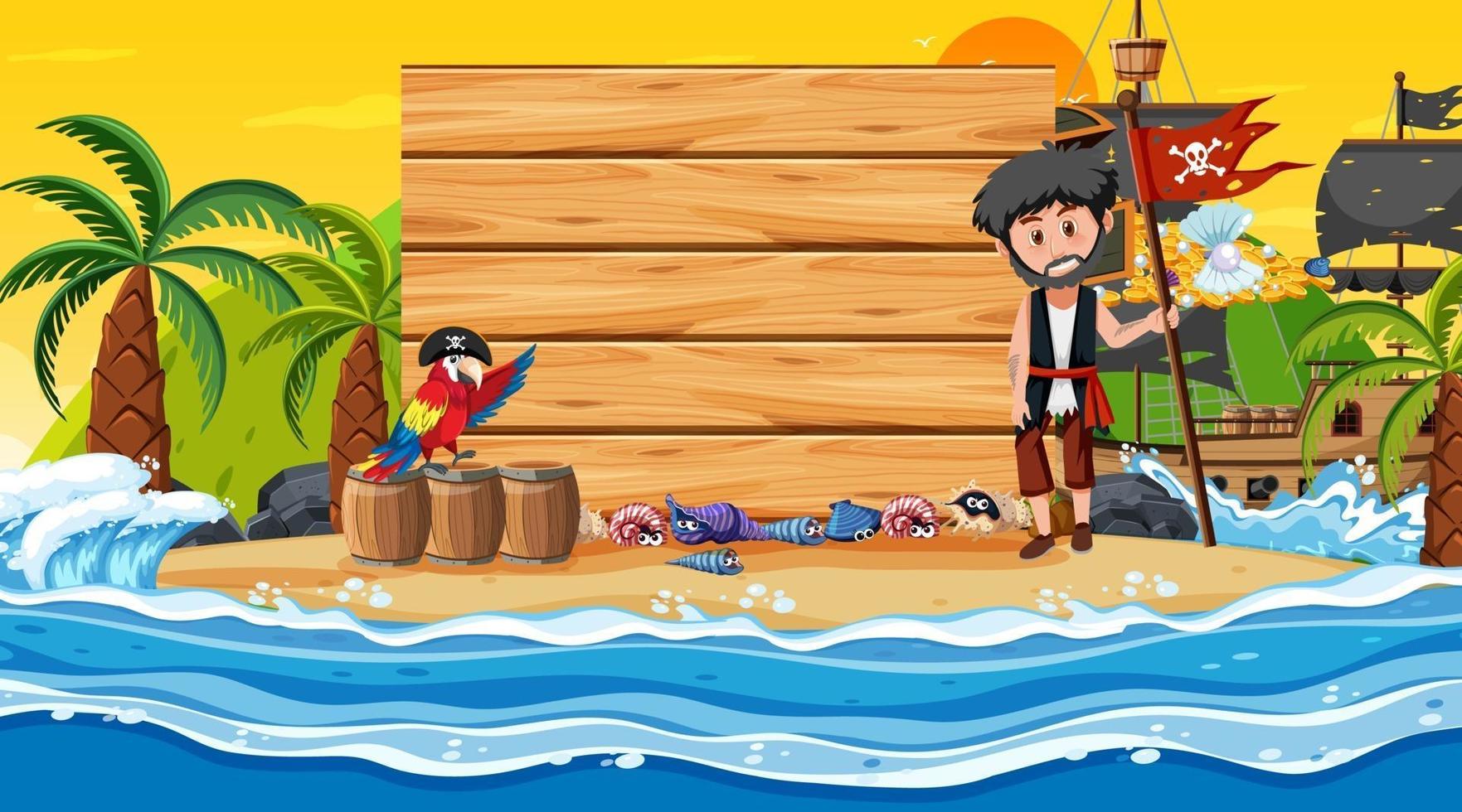 Plantilla de banner vacío con hombre pirata en la escena del atardecer en la playa vector