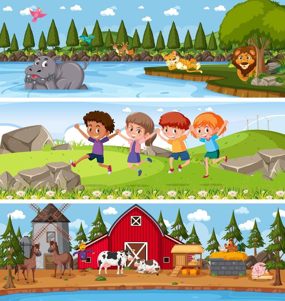 Set of different nature landscape at daytime scene with cartoon character vector