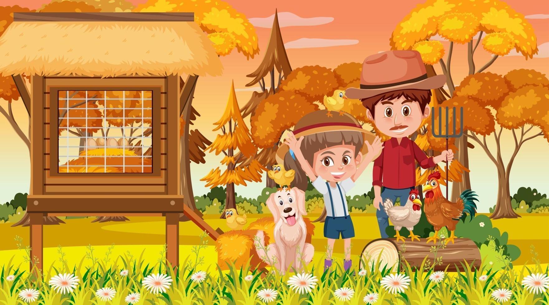 escena de la granja al atardecer con muchos niños personajes de dibujos animados y animales de granja vector