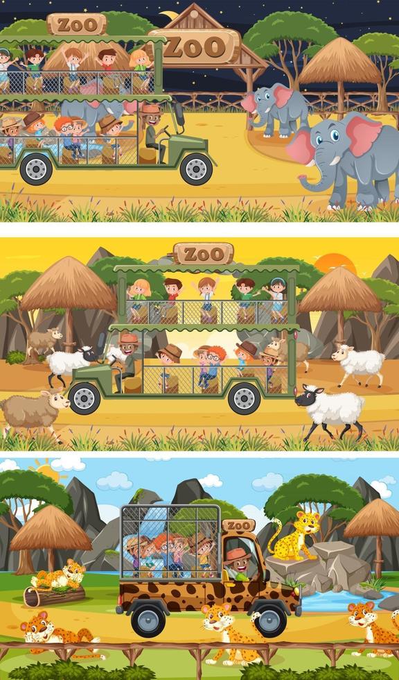 Set of different safari horizontal scenes with animals and kids cartoon character vector