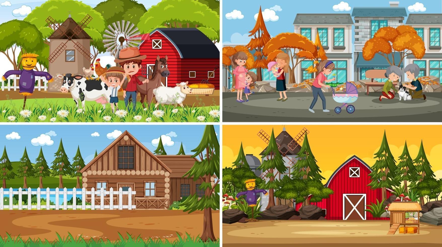 Set of different nature scenes background in cartoon style vector