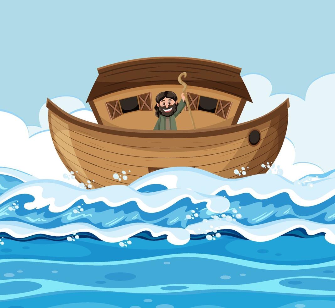 Noah standing alone on his ark in the ocean scene vector