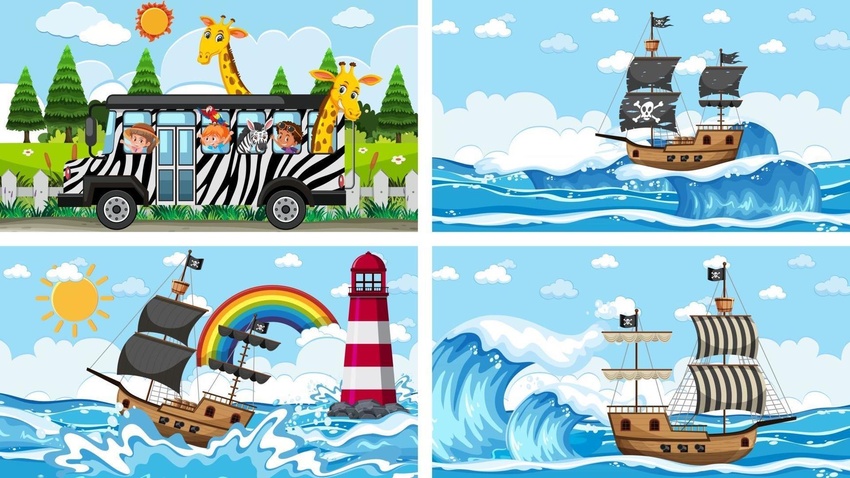 Conjunto de diferentes escenas con barco pirata en el mar y animales en el zoológico. vector