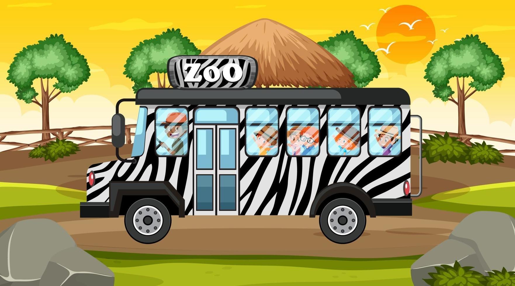 Nature zoo scene with children in the zoo bus vector