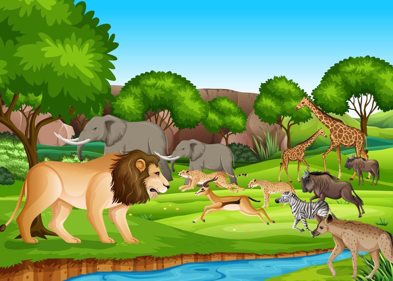 Grupo de animales salvajes africanos en la escena del bosque vector